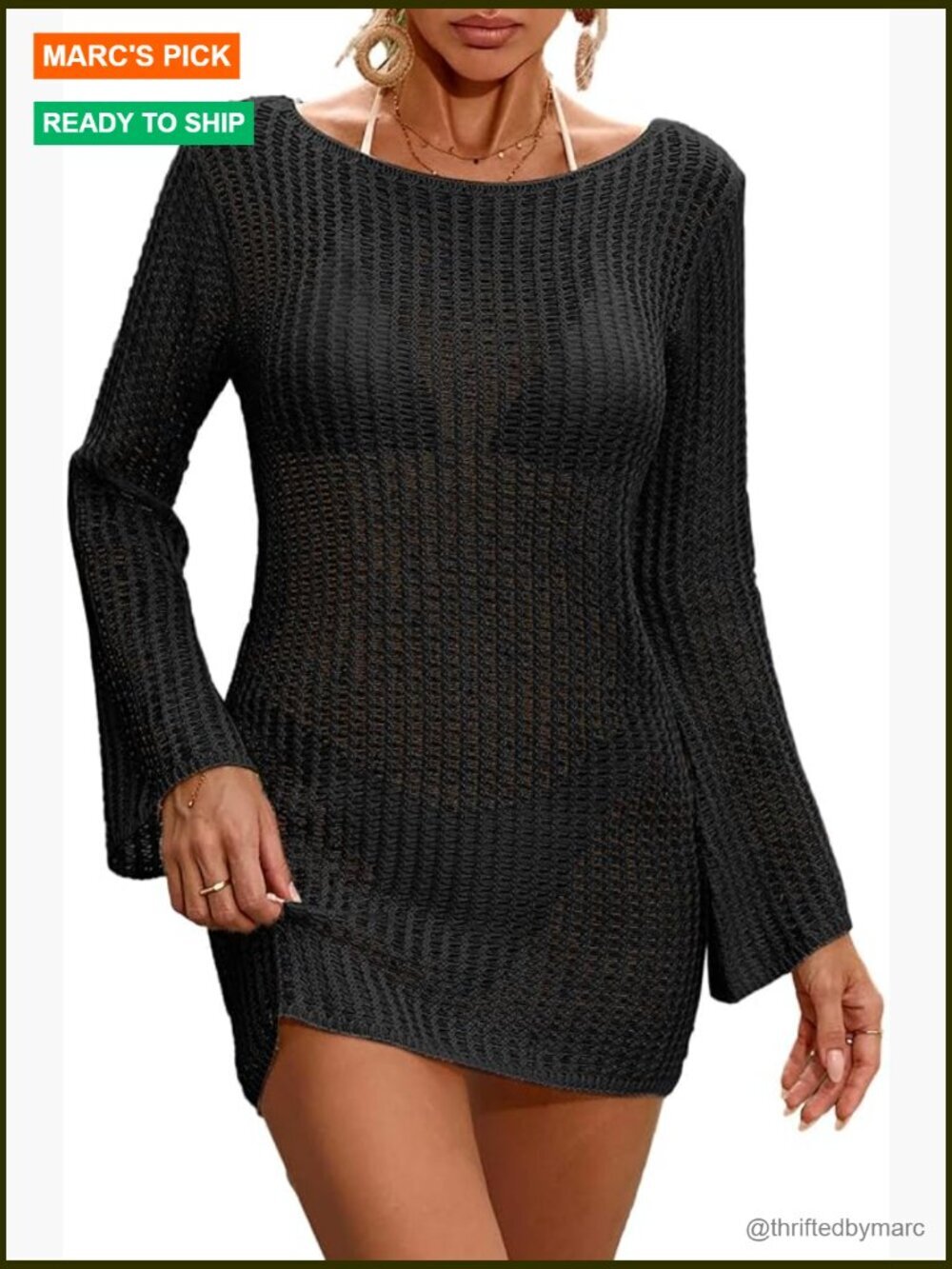Crochet Knit Swimsuit Coverup Beach Dress Boat Neck Bell Sleeve Sheer Cover Up